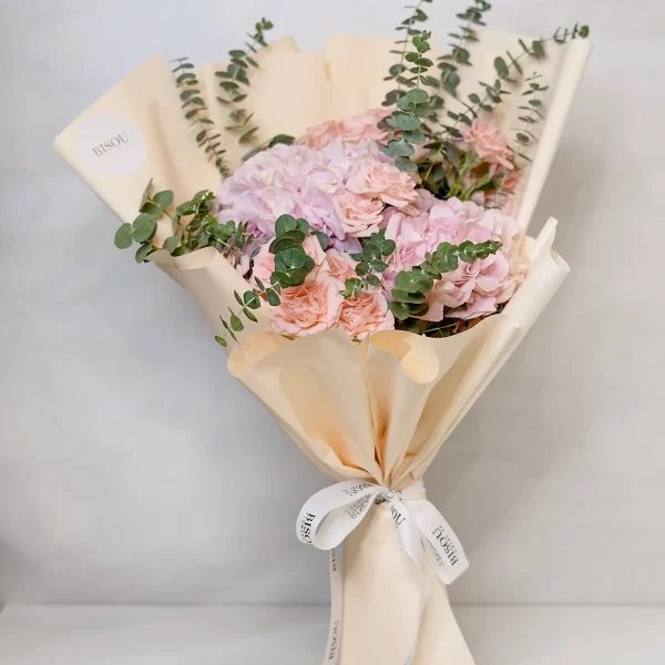 colorful spray roses and hydrangea bouquet
