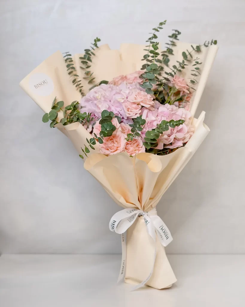 colorful spray roses and hydrangea bouquet