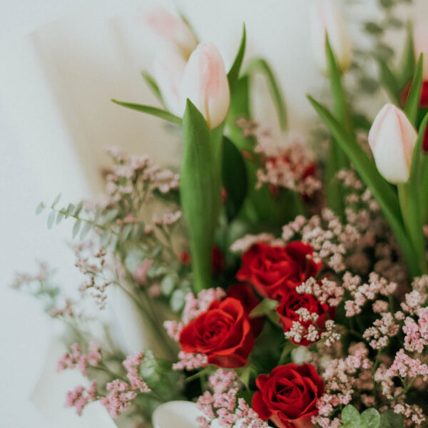 Pink Tulip Harmony Bouquet with red spay roses