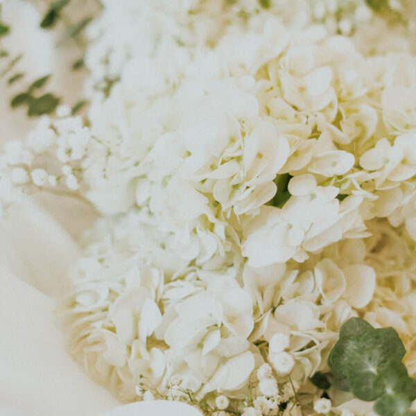 delphinium, hydrangea and eucalyptus hand-tied flower arrangement