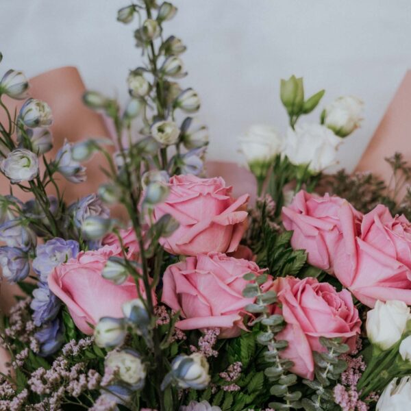 Delphinium Dreams bouquet in a nice wrapping
