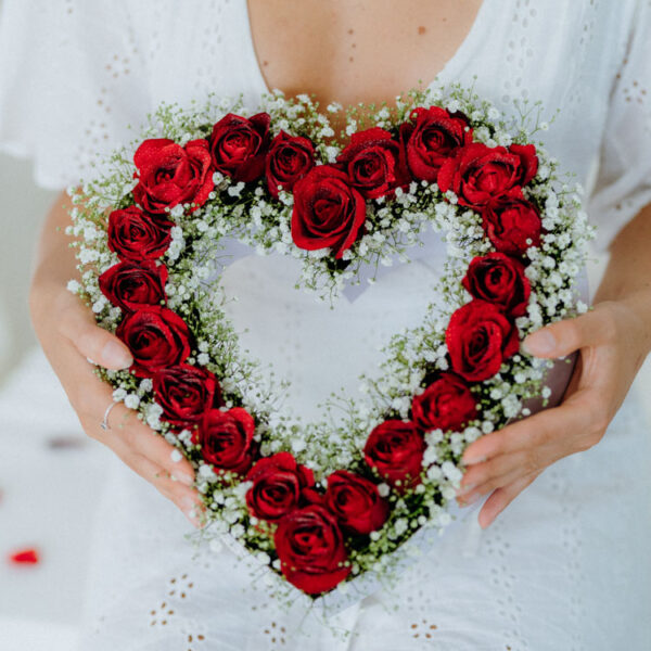 Crimson Kiss Rose Cascade in a heart shaped boxe