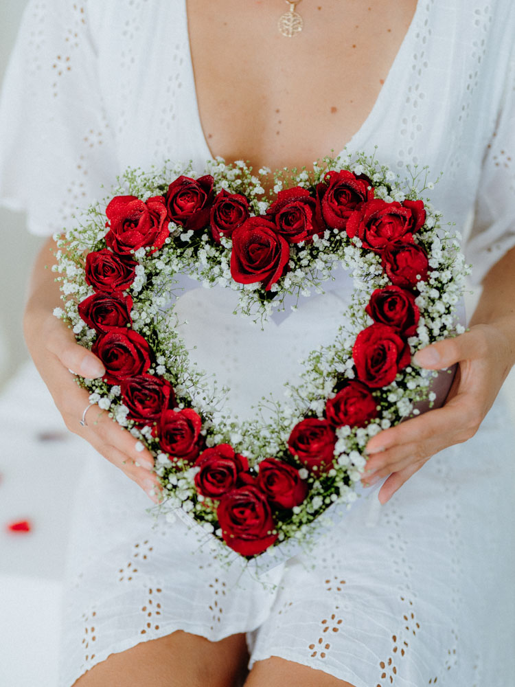 Crimson Kiss Rose Cascade in a heart shaped boxe