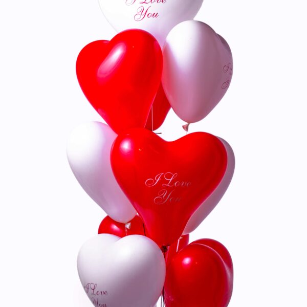 10 red and white heart balloons